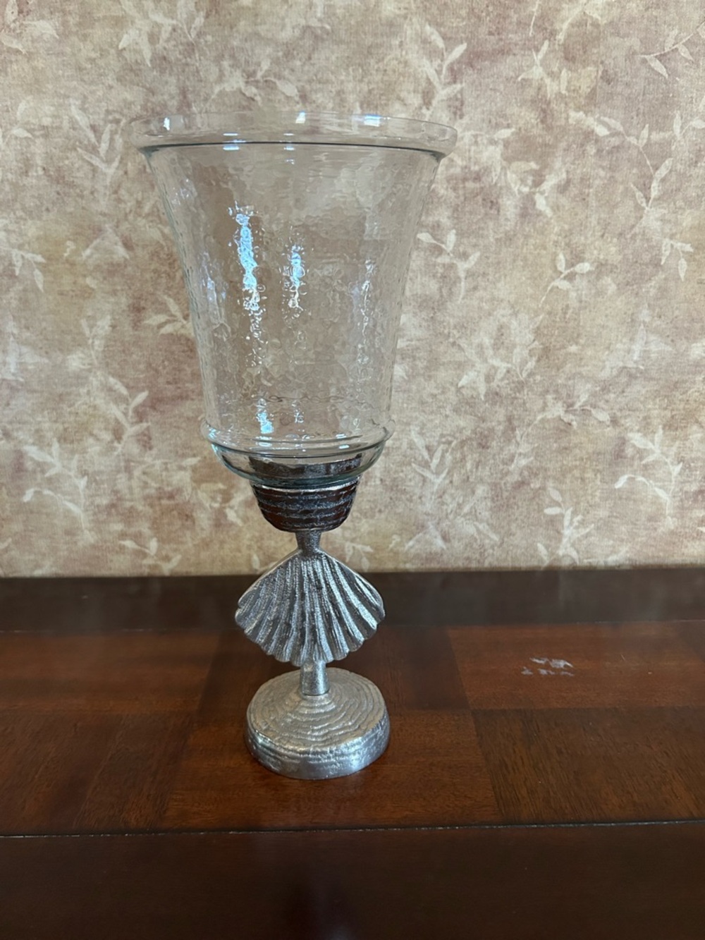 Decorative Shell Stem Hurricane Candle Holder - Clear Glass & Silver Base